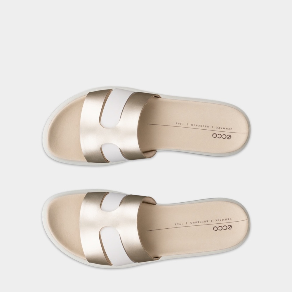 NWT Ecco Flowt Oasis Women Metallic Leather Slide White/Pure White Gold US 7-7.5